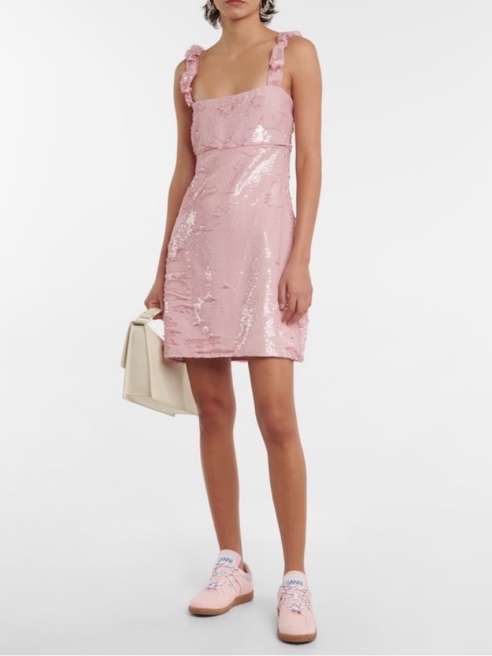 Ganni Pink Sequin Ruffle-Strap Mini Dress